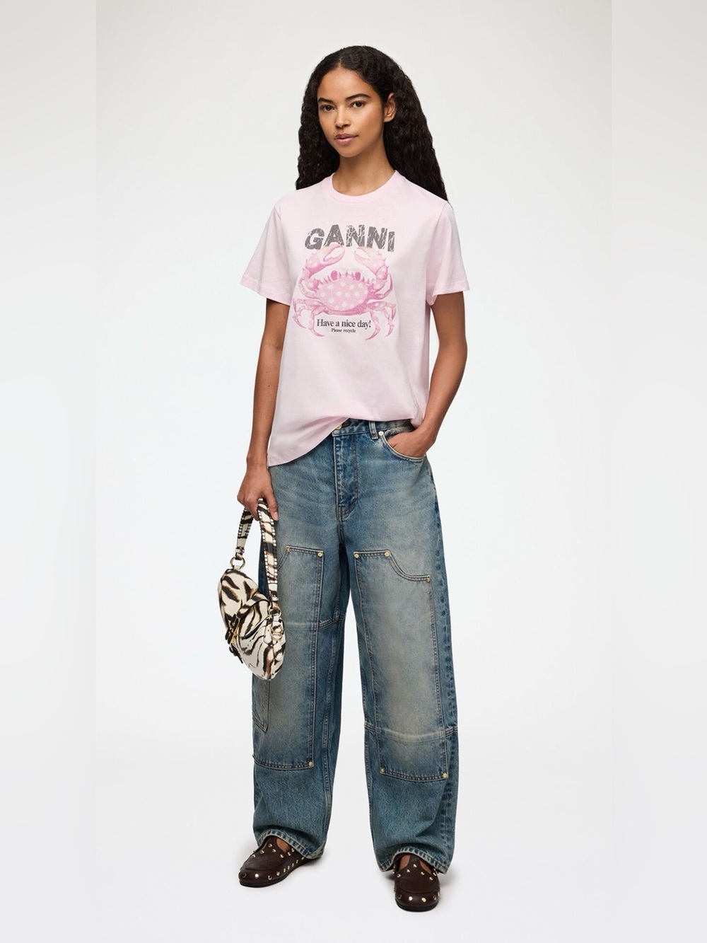 Ganni Women’s Crab Pink T-Shirt Caviar Beads Textured Large